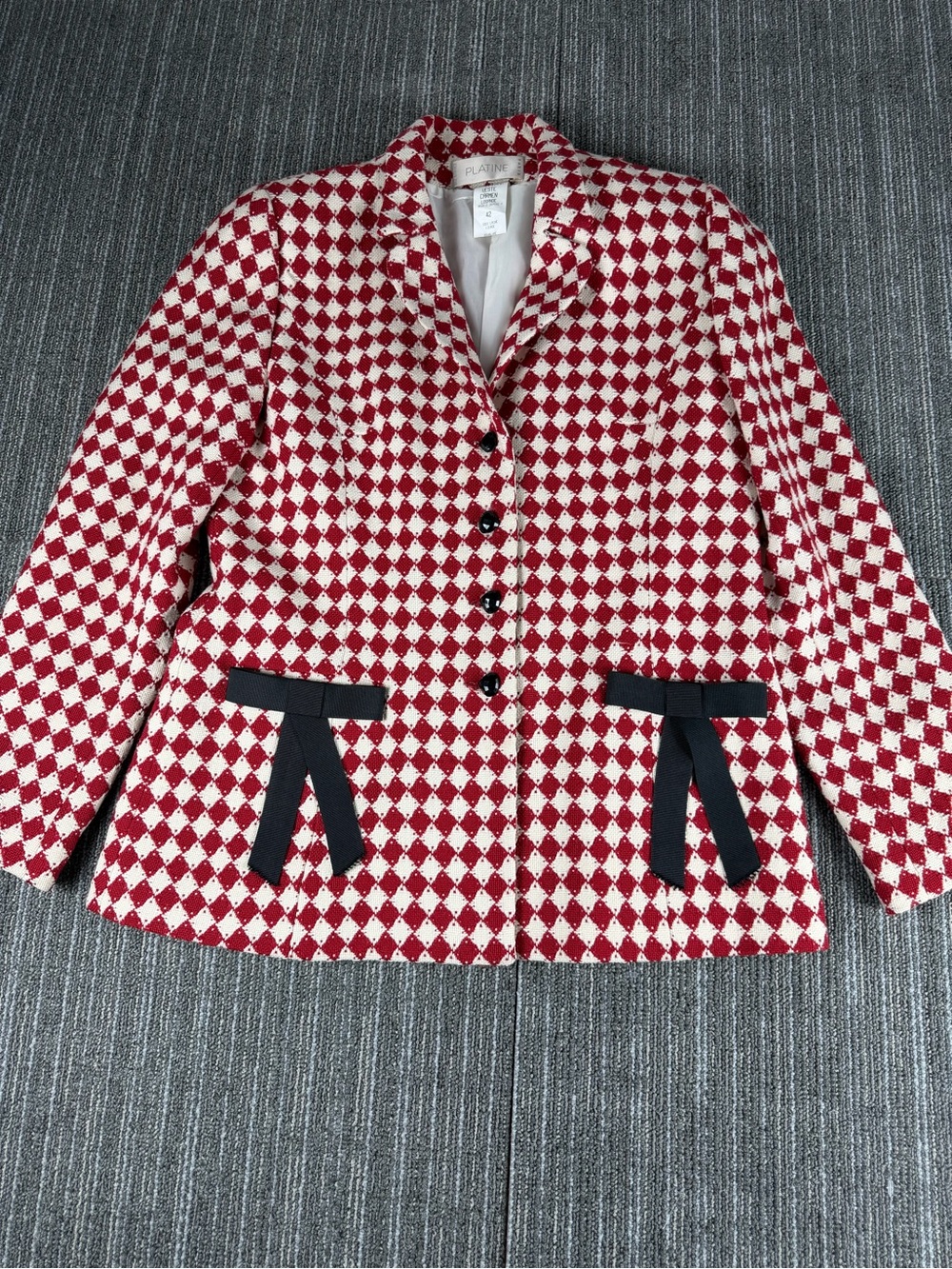 Platine Red And White Diamond Pattern Blazer Virgin Wool Size 42 Made In France